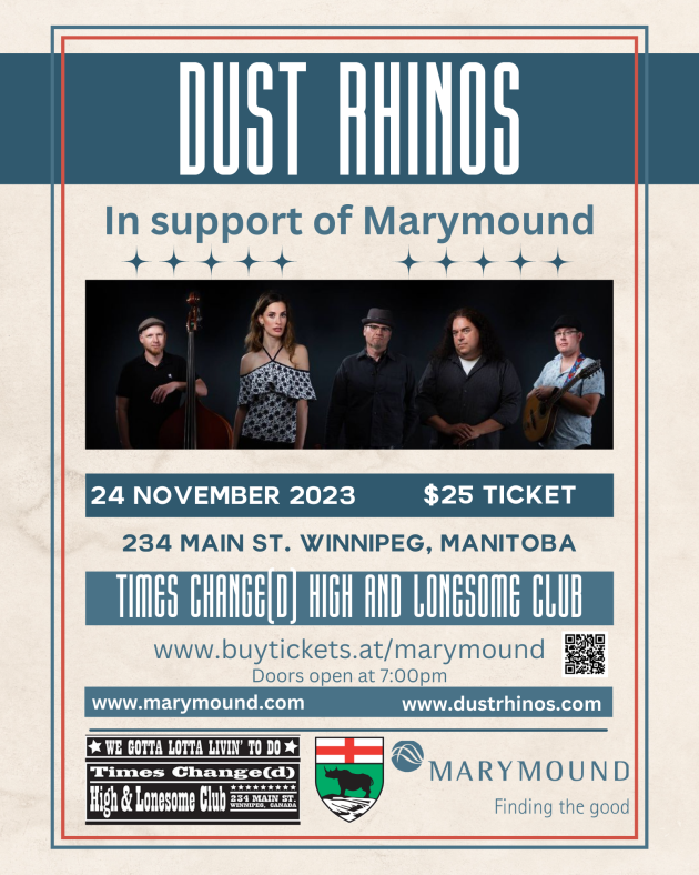 Dust Rhinos concert poster: 7:00pm November 24, 2023 at 234 Main St in Winnipeg. $25 per ticket.