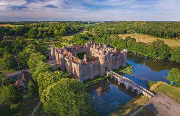 Aerial view of Herstmonceuk Castle and estate grounds