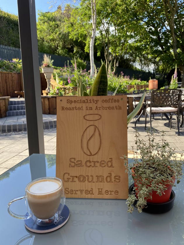 Sacred Grounds speciality coffee from Arbroath served in the Lunan Bay Farm farmhouse garden