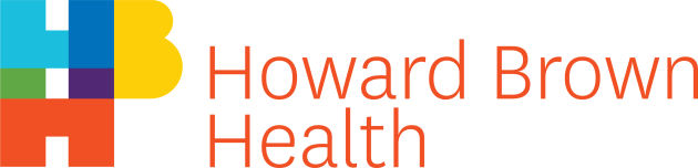Logo for Howard Brown Health with a blue H stacked on top of an orange H, with a yellow B next to the blue H