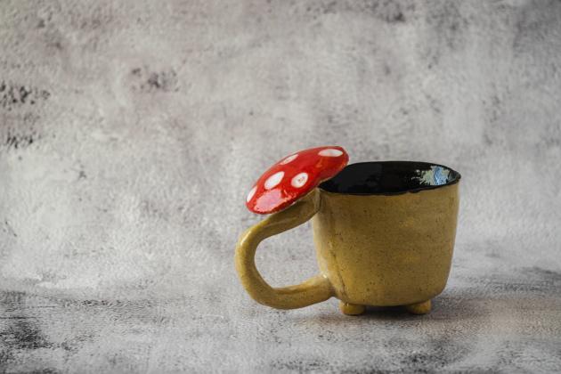 Small mushroom cup with cute red and yellow cap.