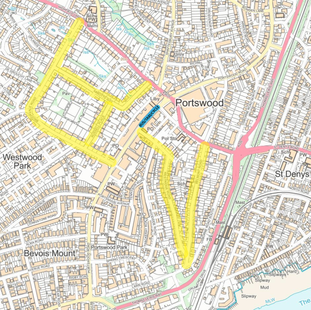 A map highlighting the main area of focus for co-design workshops: Brookvale Road, Abbotts Way, Russell Place, Westridge Road and Belmont Road. The bus/taxi/cycle section of Portswood Road (from Westridge Road to St Denys Road spur) is also shown.