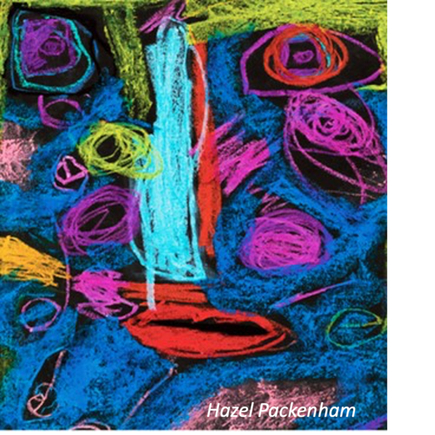 A colourful abstraxct representation of a face. Pastels on black paper. Hazel Packenham.