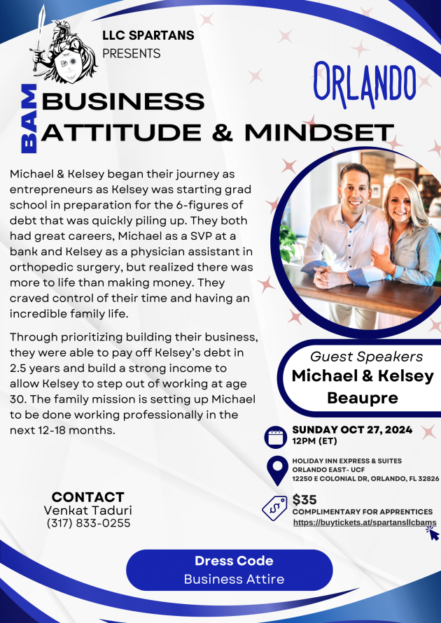 Buy Tickets  ORLANDO - Spartans Business Attitude & Mindset (BAM) Session  - Michael & Kelsey Beaupre  Holiday Inn Express & Suites Orlando East- UCF  12250 E Colonial Dr, Orlando, FL