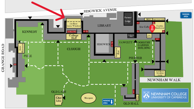 A graphical map of Newnham College showing the entrance and walk ways, fire exits and conference rooms.