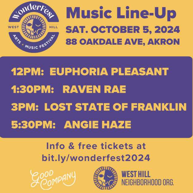 Wonderfest music line-up Saturday October 5 88 Oakdale Avenue 12pm Euphoria Pleasant, 1:30pm Raven Rae, 3pm Lost State of Franklin, 5:30pm Angie Haze