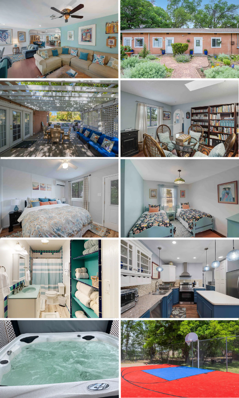 Series of images of the property: One of the large gathering spaces on the property, exterior of the building, one of the outdoor patios, one of the small group gathering spaces, one of the single occupancy rooms, one of the double occupancy rooms, one of the bathrooms, full kitchen, basketball half court for recreation.