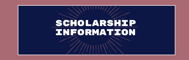 Scholarship Information on a blue background with a pink starburst pattern