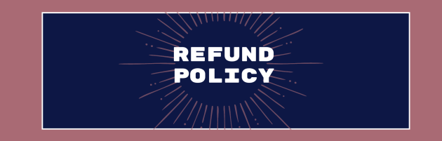 Refund Policy on a blue background with a pink starburst pattern