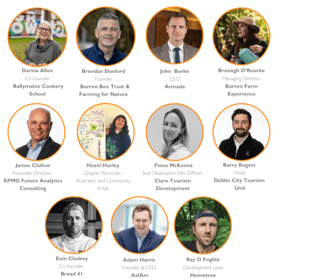 Speakers, contributors and panellists for the 2025 Inspiring Sustainable Tourism Conference, Darina Allen, Ray O Foghlu, Barry Rogers, Bronagh O'Rourke, Fiona McKenna, James Chilton, John Burke, Brendan Dunford and Hazel Hurley, Adam Harris and Eoin Cluskey