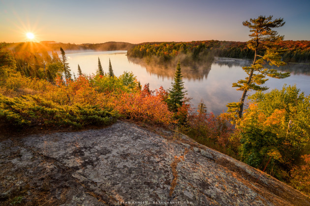 Sunrise over fall color and a beautiful lake with a white pine on opposite of the sun