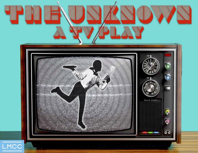 a cater waiter balances on a single foot with a serving platter in one hand and a script on another in front of a TV screen with static and a spiral. Red words above read