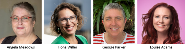 Photographs of keynotes, left to right, Angela Meadows, Fiona Willer, George Parker, Louise Adams