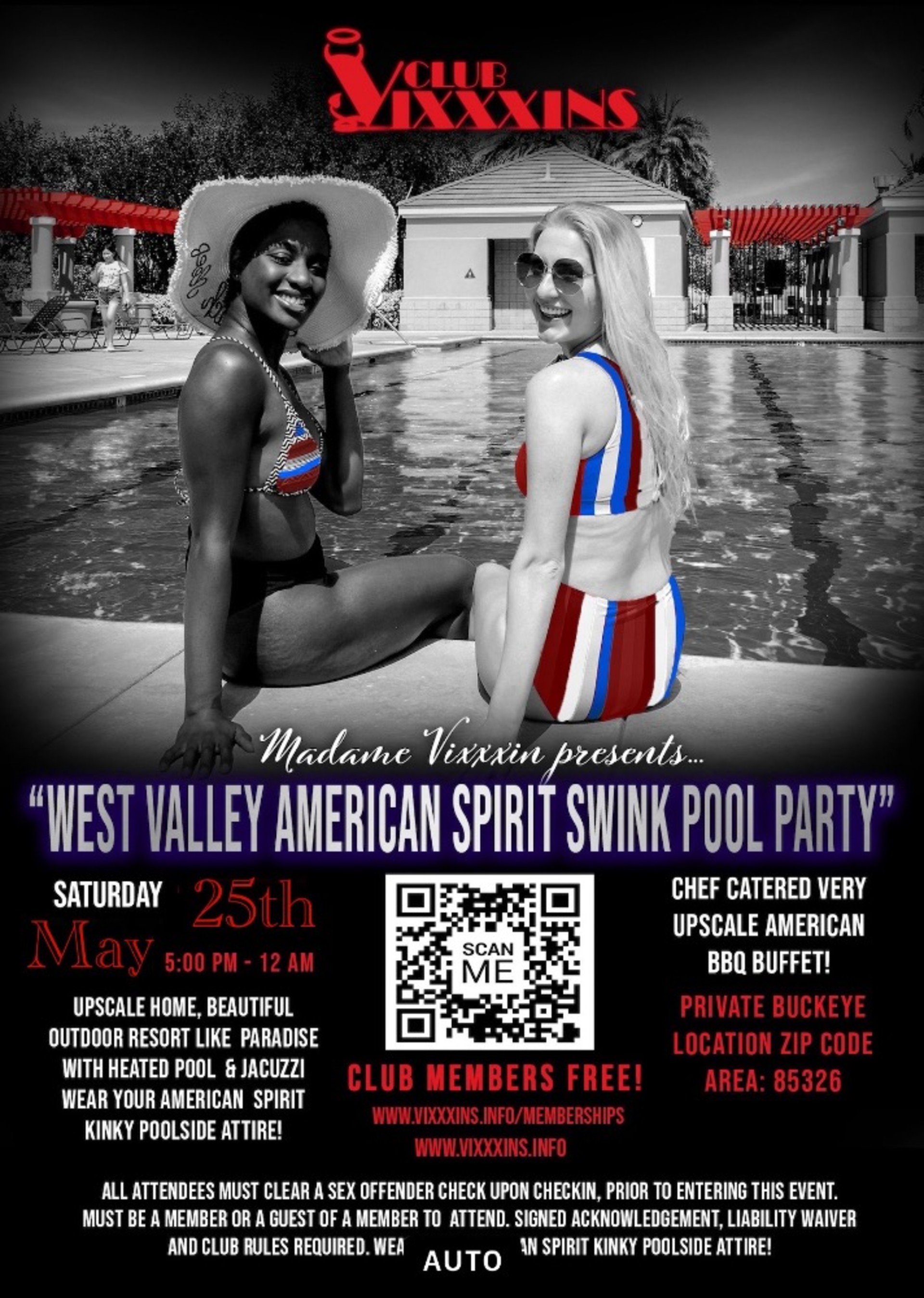 Click Here for Members, Guests and Volunteer Tickets – The Club VIXXXINS  All American Spirit Swinkster Pool Party – Private Upscale West Valley Home