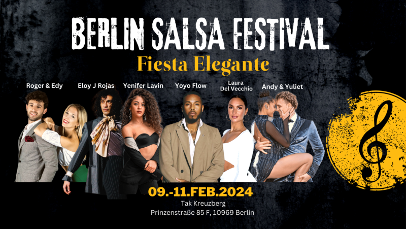 Buy tickets / Join the guestlist – Berlin Salsa Festival Fiesta elegante  – Tak Kreuzberg, Thu 8 Feb 2024 20:00 - Mon 12 Feb 2024 01:00